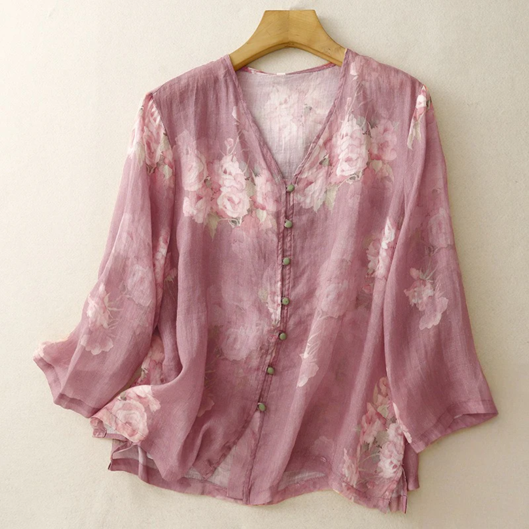 フラワー柄Vネックリネンブラウス