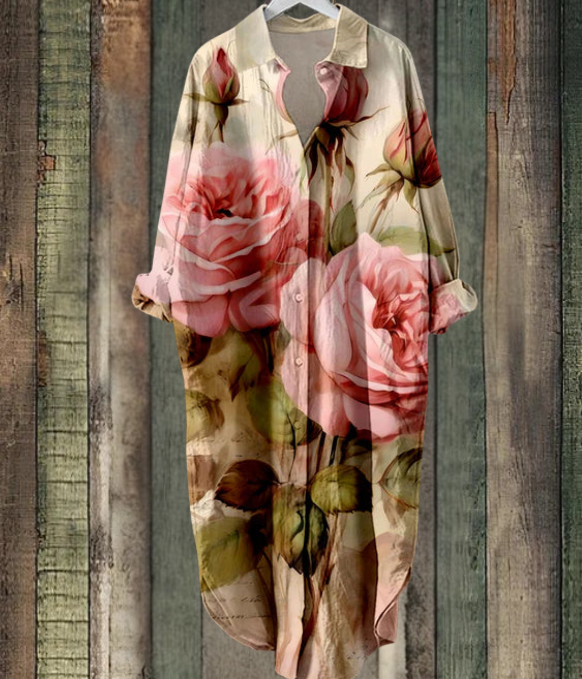 ピンクのバラ柄ルーズミディドレス