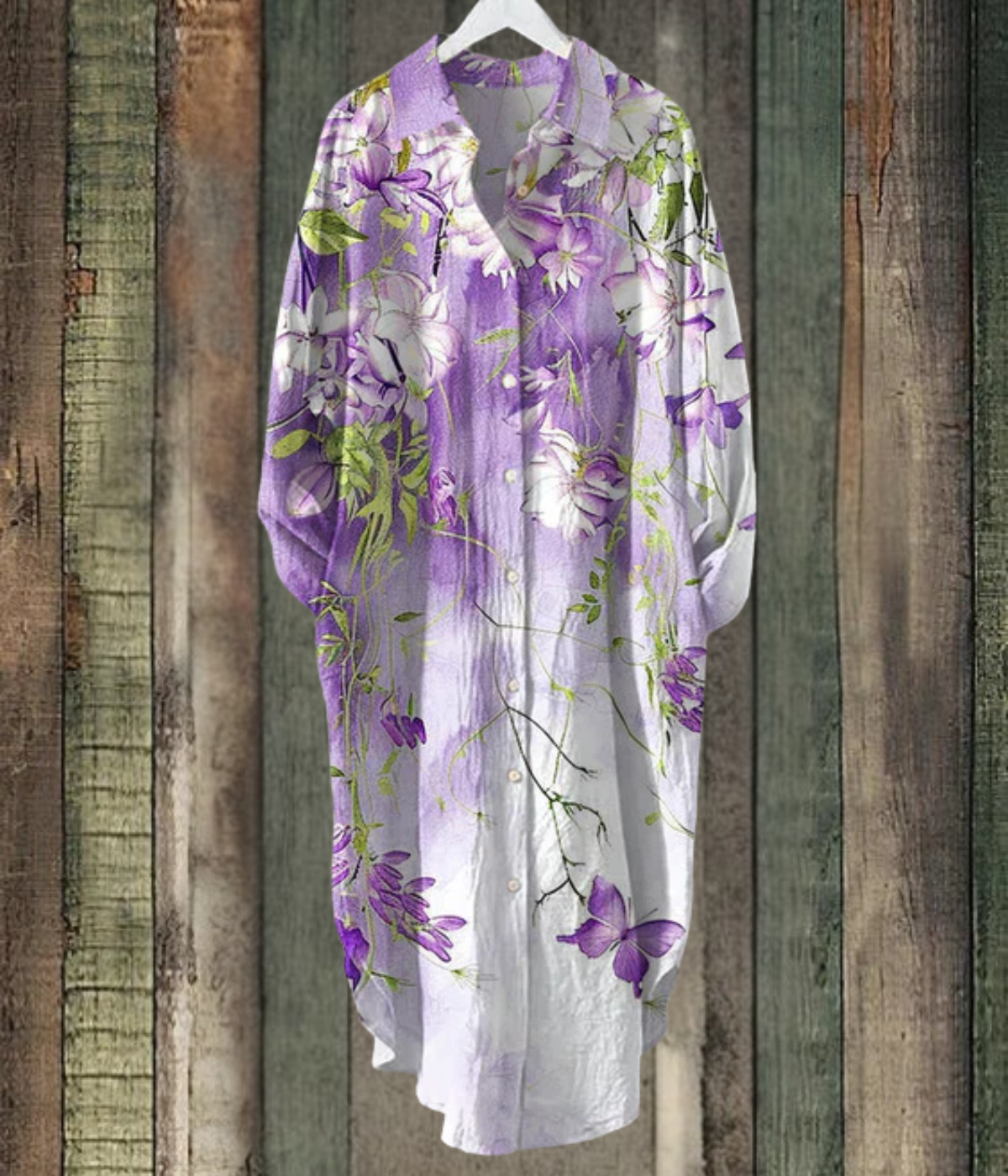 パープルの花柄ルーズミディドレス