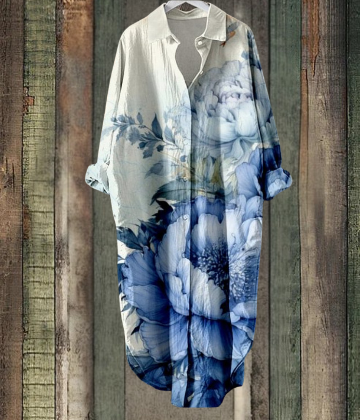 オーシャンブルーの花柄ルーズミディドレス