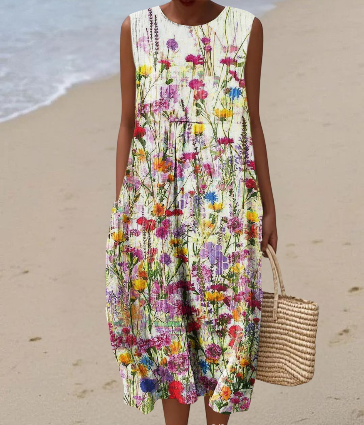 カラフルガーデン柄ノースリーブロングドレス