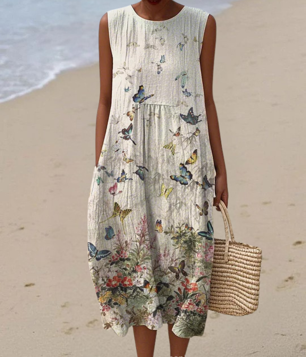 蝶柄ノースリーブロングドレス