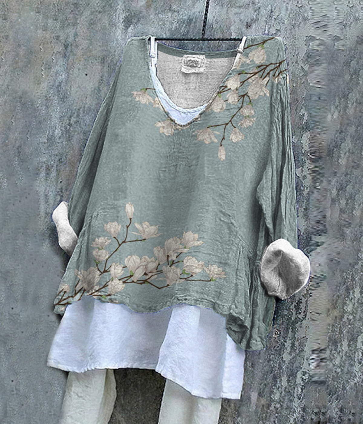 ブルーの花柄シワ感サマープルオーバー