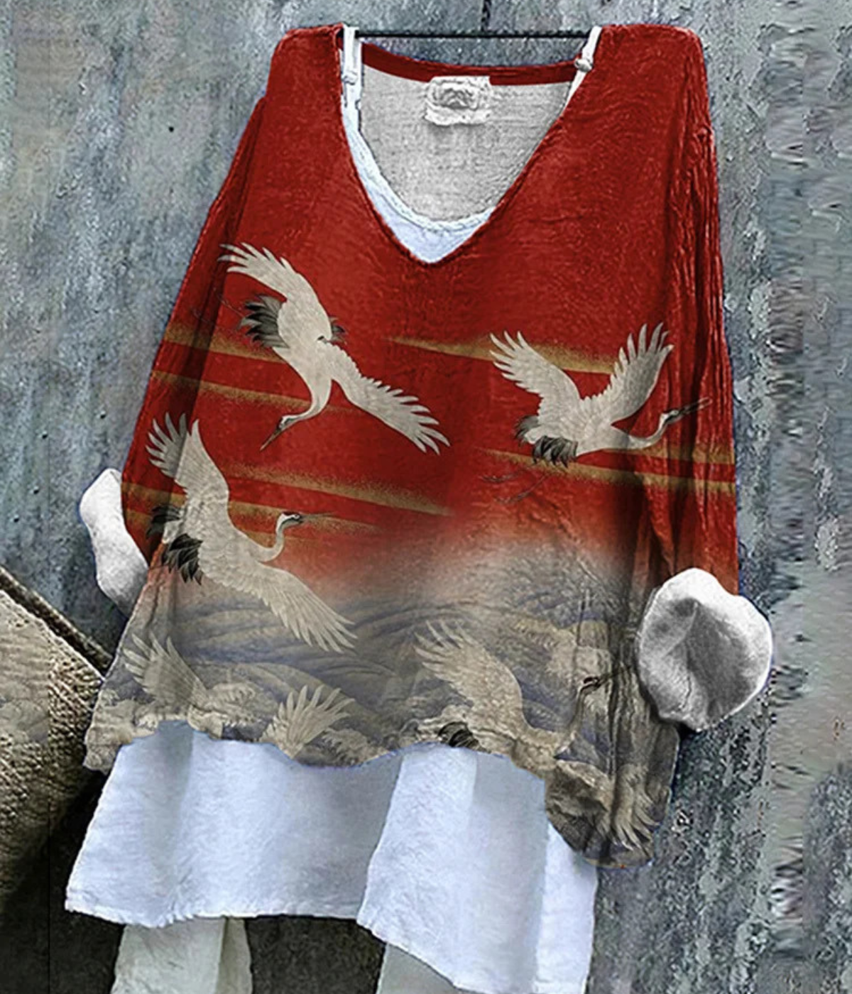 赤い地平線柄のシワ感サマープルオーバー