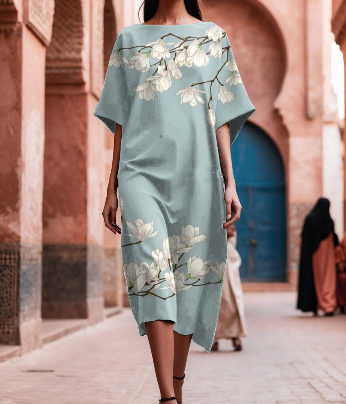 エレガントな半袖プリントドレス