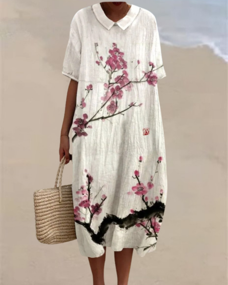 ピンクツリー柄の襟付きワンピース