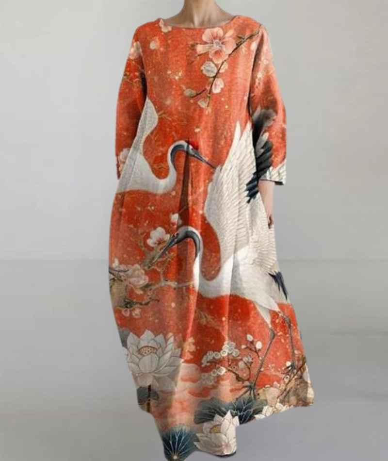 白い白鳥が描かれた赤いワイドドレス