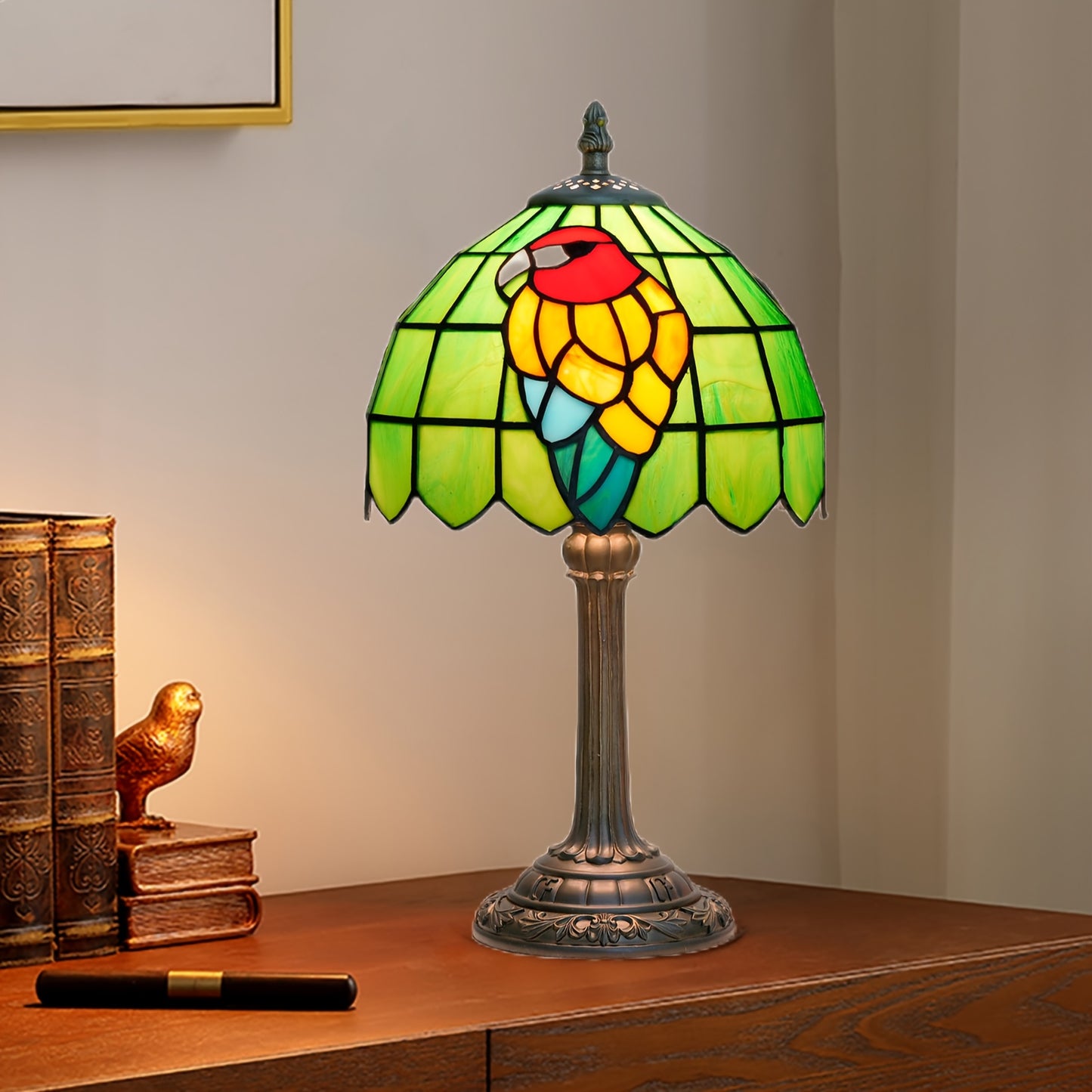8インチステンドグラス テーブルランプ、暖かい光、リビング・寝室・デスク用、欧州レトロスタイル、ギフト向け
