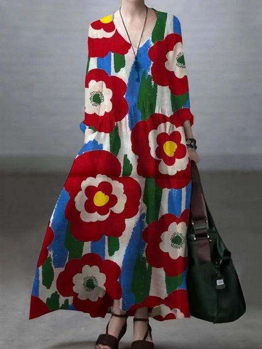 マルチカラーの花柄カジュアルVネックワンピース