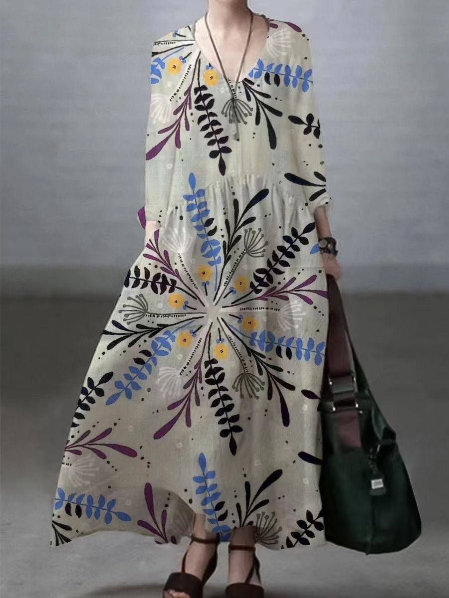 V-Neck Casual Dress Featuring a Vibrant Leaf Print