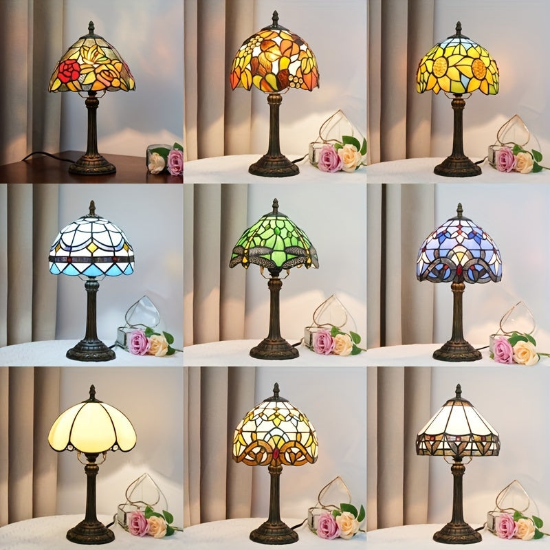 8インチステンドグラス テーブルランプ、暖かい光、リビング・寝室・デスク用、欧州レトロスタイル、ギフト向け