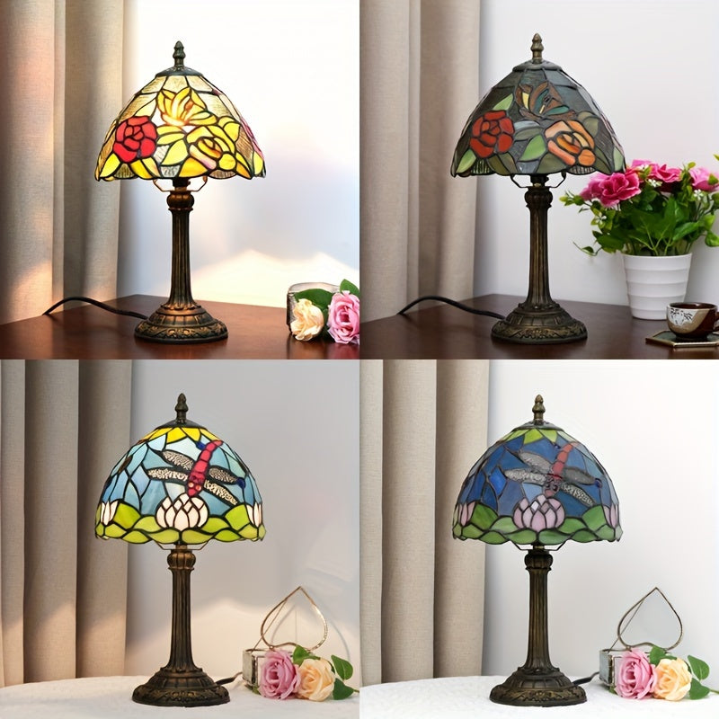 8インチステンドグラス テーブルランプ、暖かい光、リビング・寝室・デスク用、欧州レトロスタイル、ギフト向け