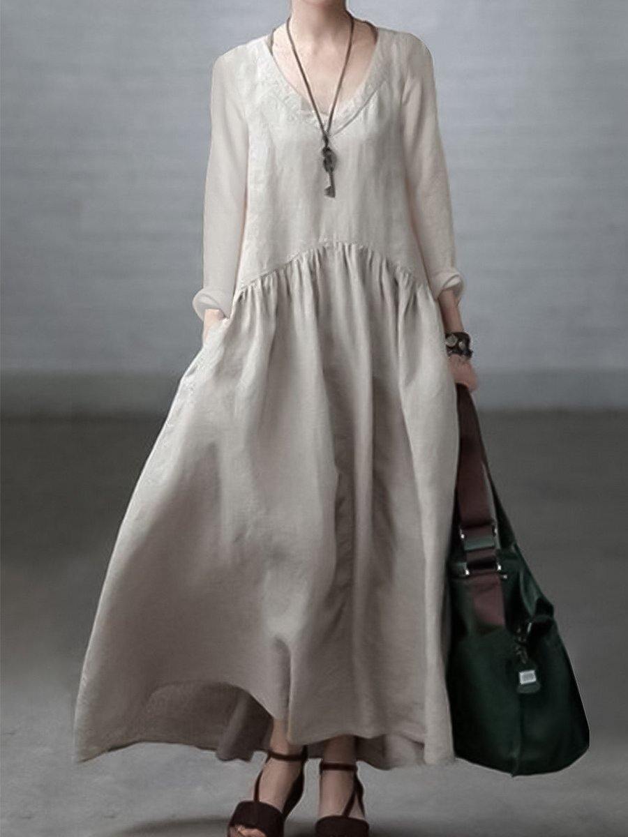 Beige Relaxed V-Neck Dress