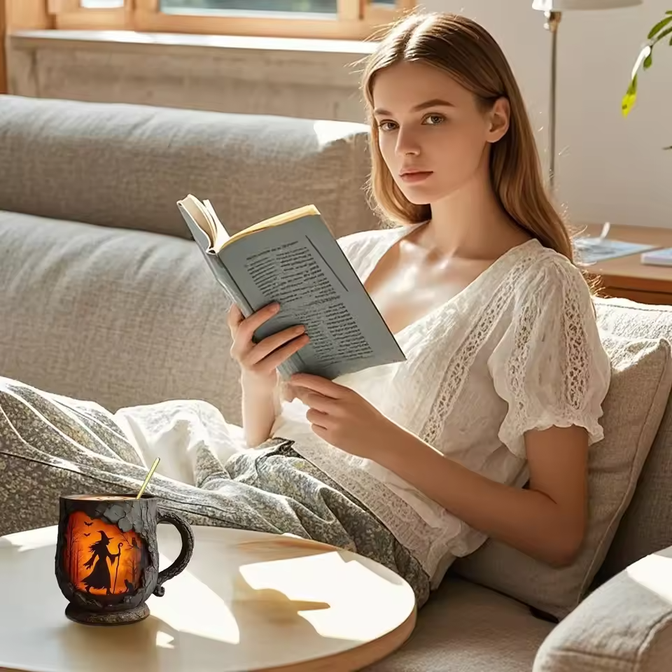 ハンドメイド3Dハロウィンマグ – 魔女と猫のアート