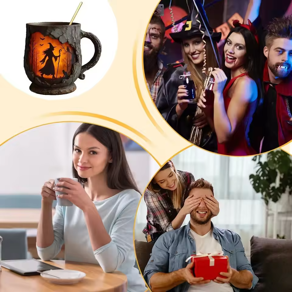 ハンドメイド3Dハロウィンマグ – 魔女と猫のアート