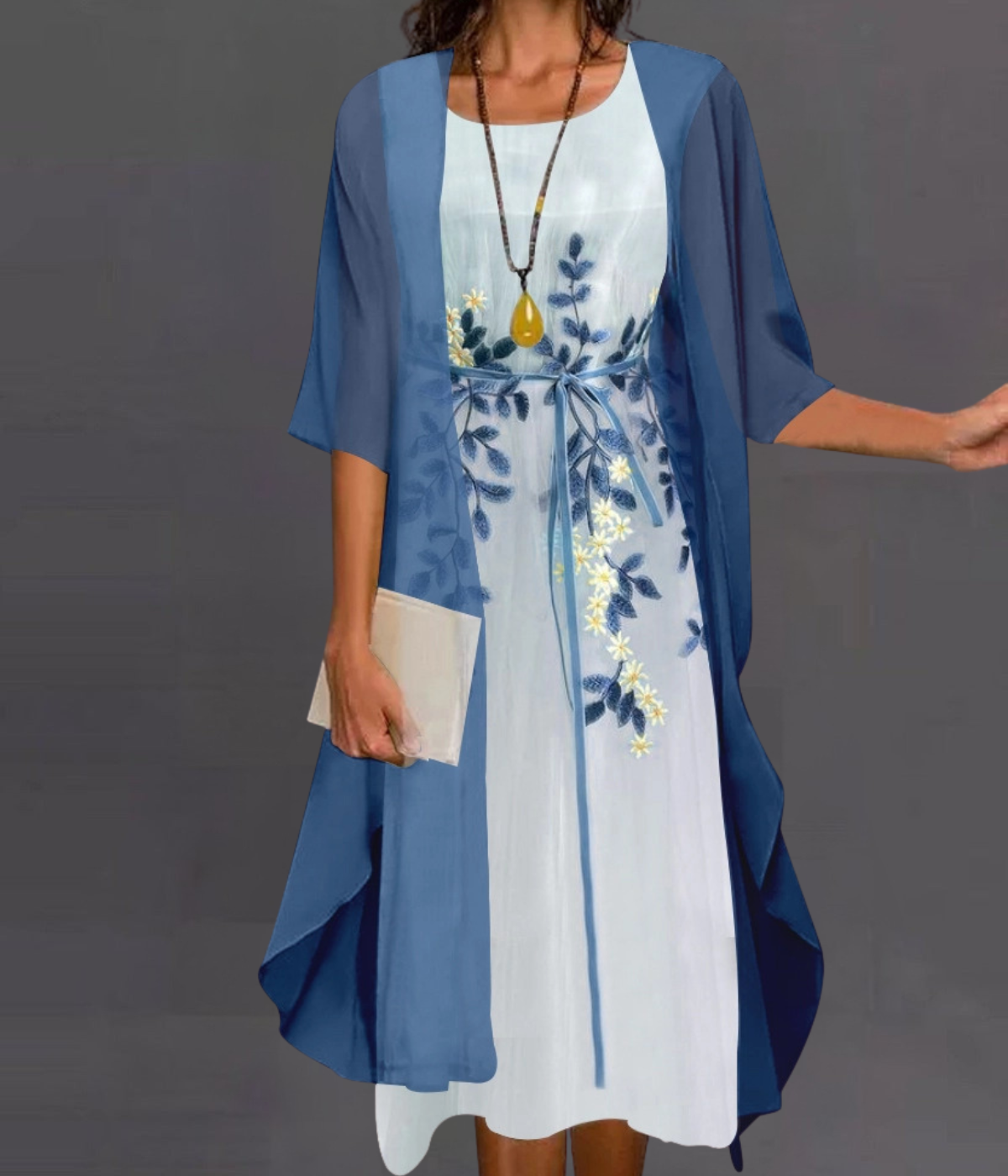 エレガントなミッドスリーブのフローリードレス