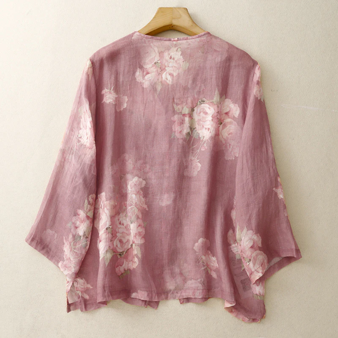 フラワー柄Vネックリネンブラウス