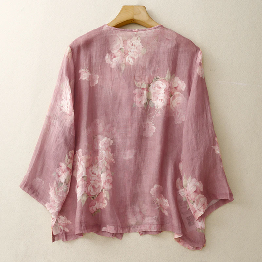 フラワー柄Vネックリネンブラウス