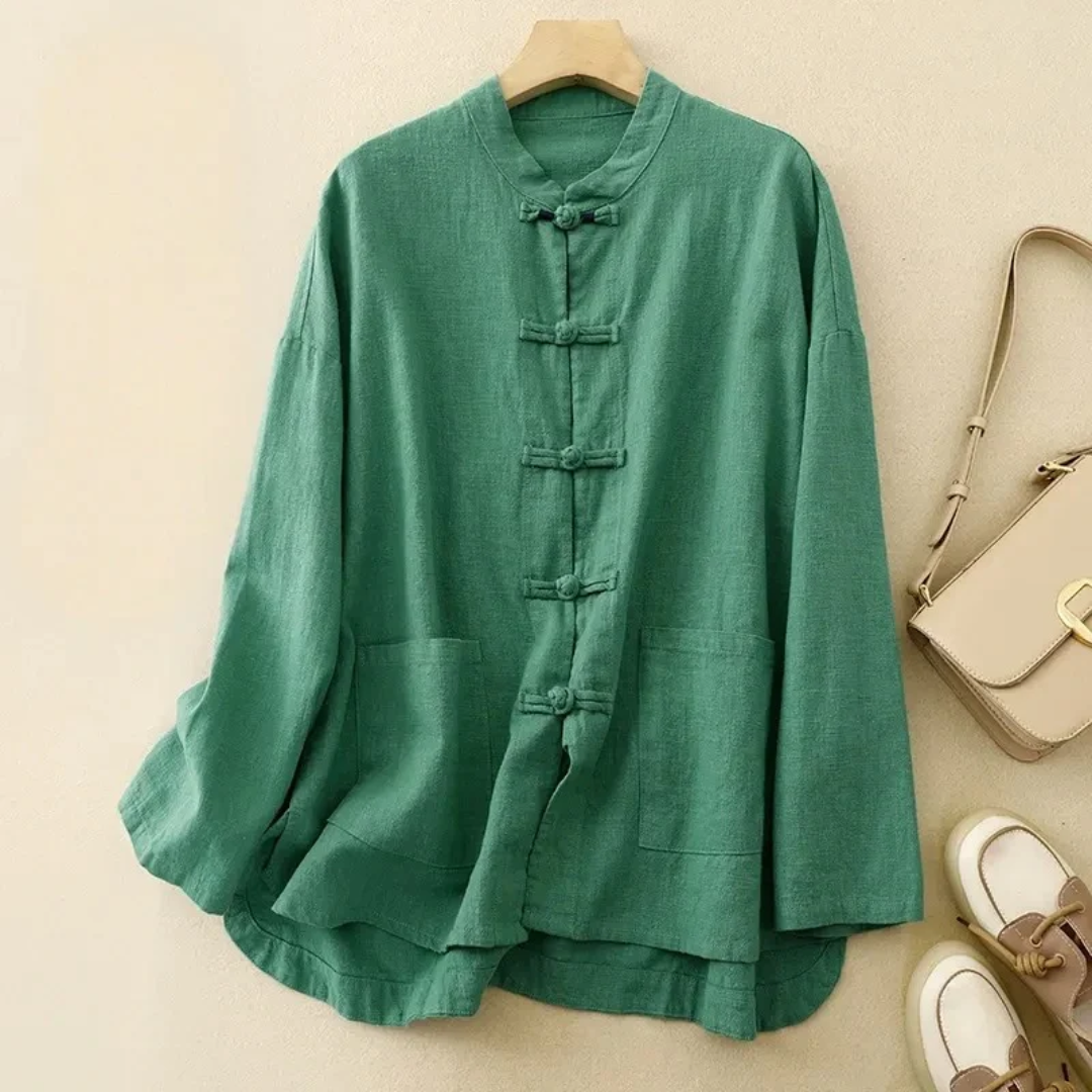 長袖丸首ボタンシャツ