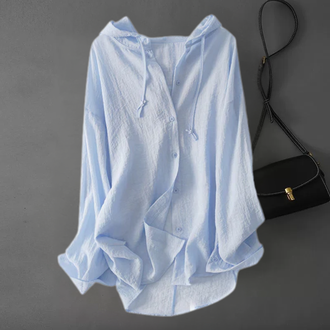 カジュアルフーディ付き長袖ボタンシャツ