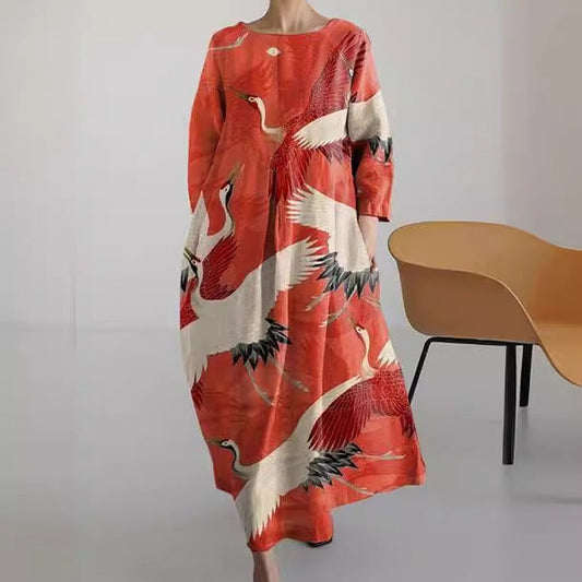 Wide Dress with Red Bird Print