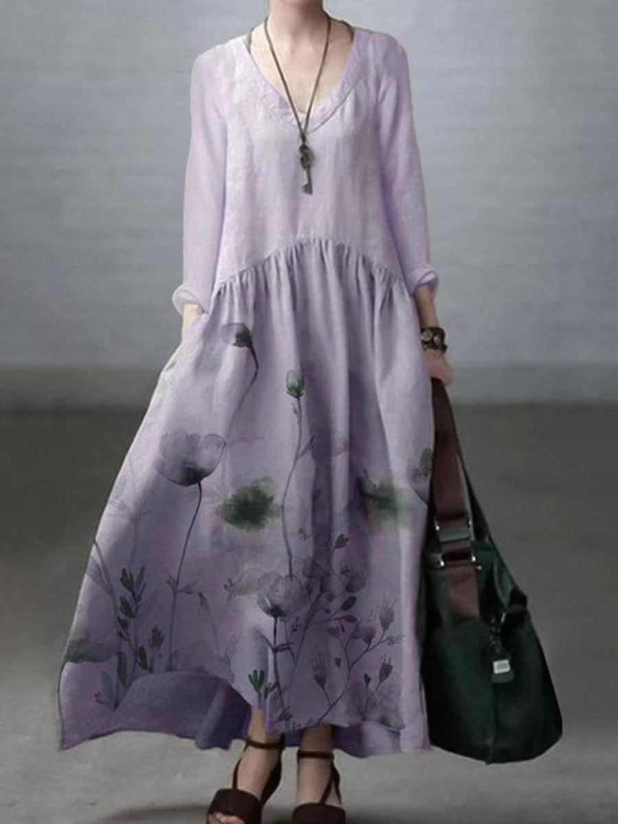 パープルの花柄カジュアルVネックワンピース