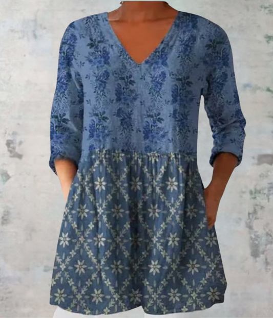 緩やかなドレス、ブルー柄