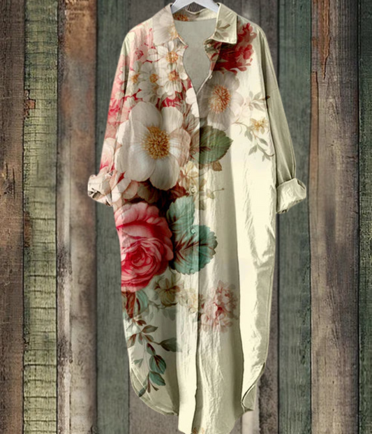 オフホワイトの花柄ルーズミディドレス