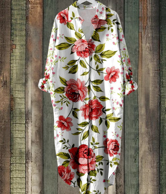 赤いバラ柄ルーズミディドレス