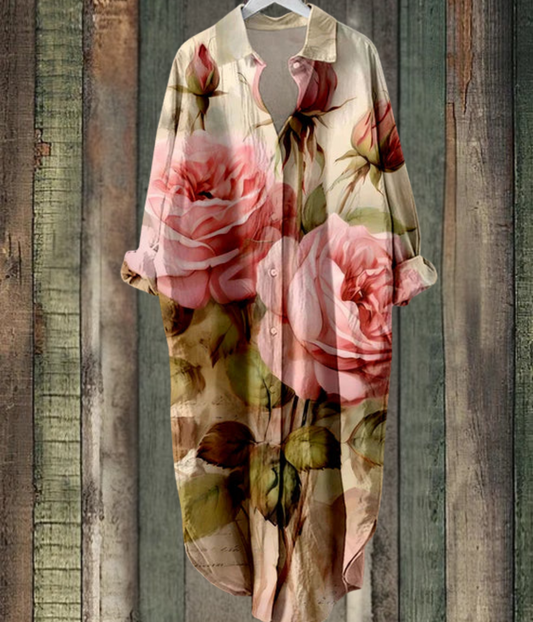 ピンクのバラ柄ルーズミディドレス