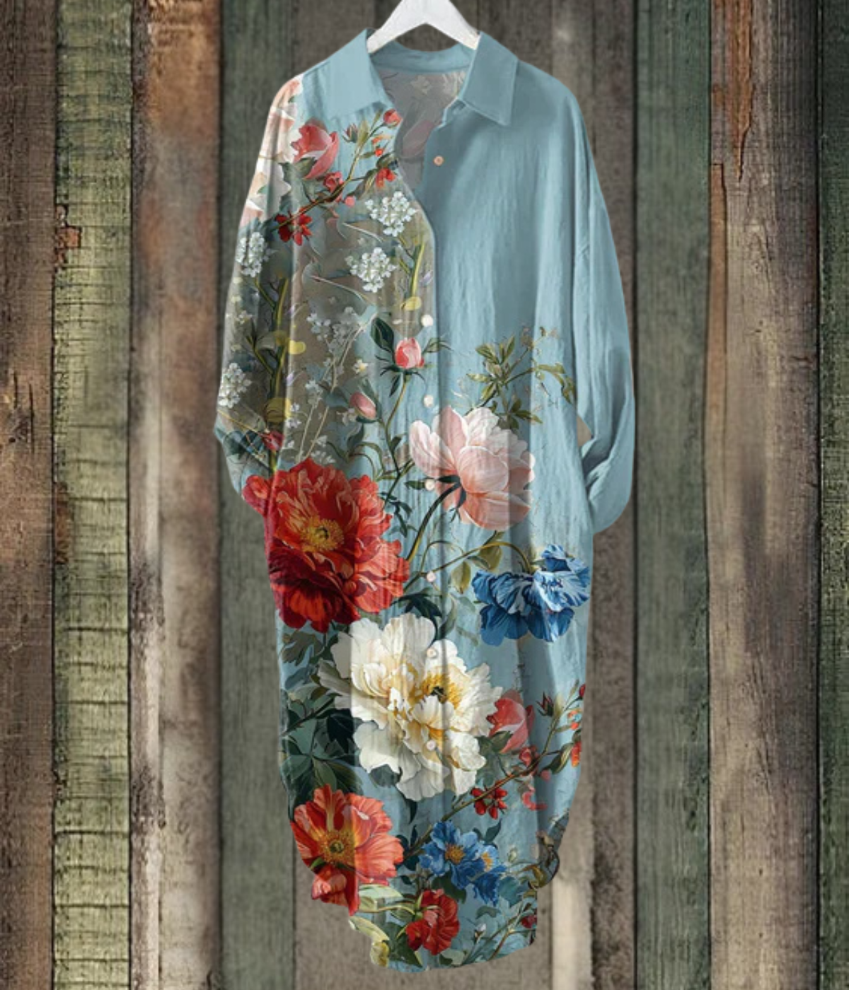 ライトブルーの花柄ルーズミディドレス