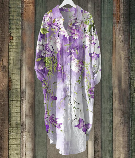 パープルの花柄ルーズミディドレス