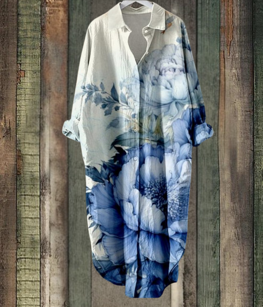 オーシャンブルーの花柄ルーズミディドレス