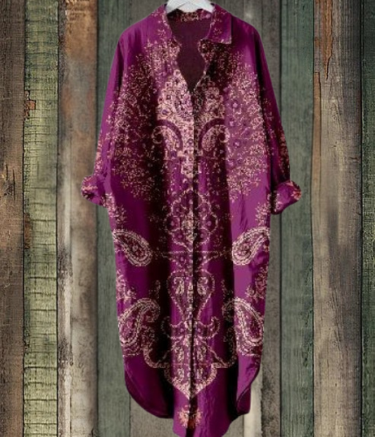 パープル柄のルーズミディドレス