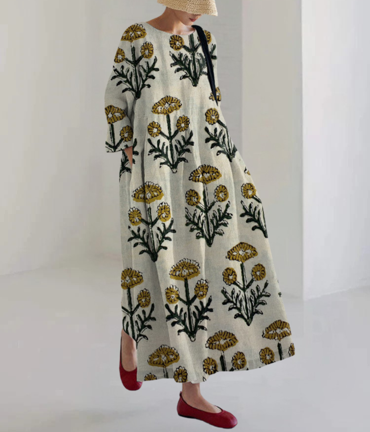 ひまわり柄の丸首ドレス