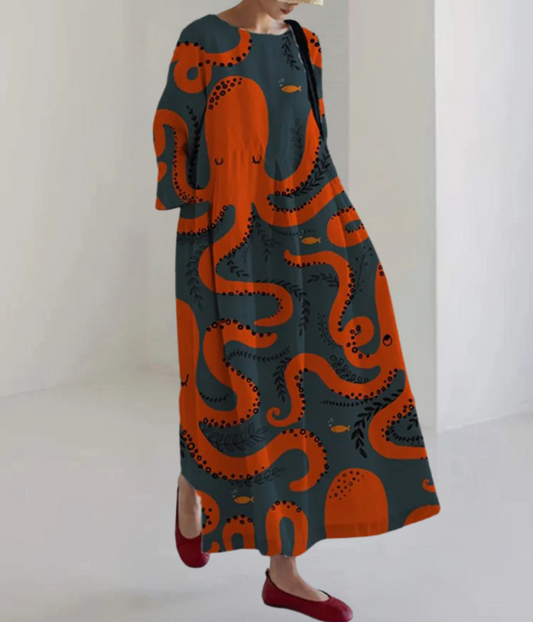 赤いタコの丸首ドレス