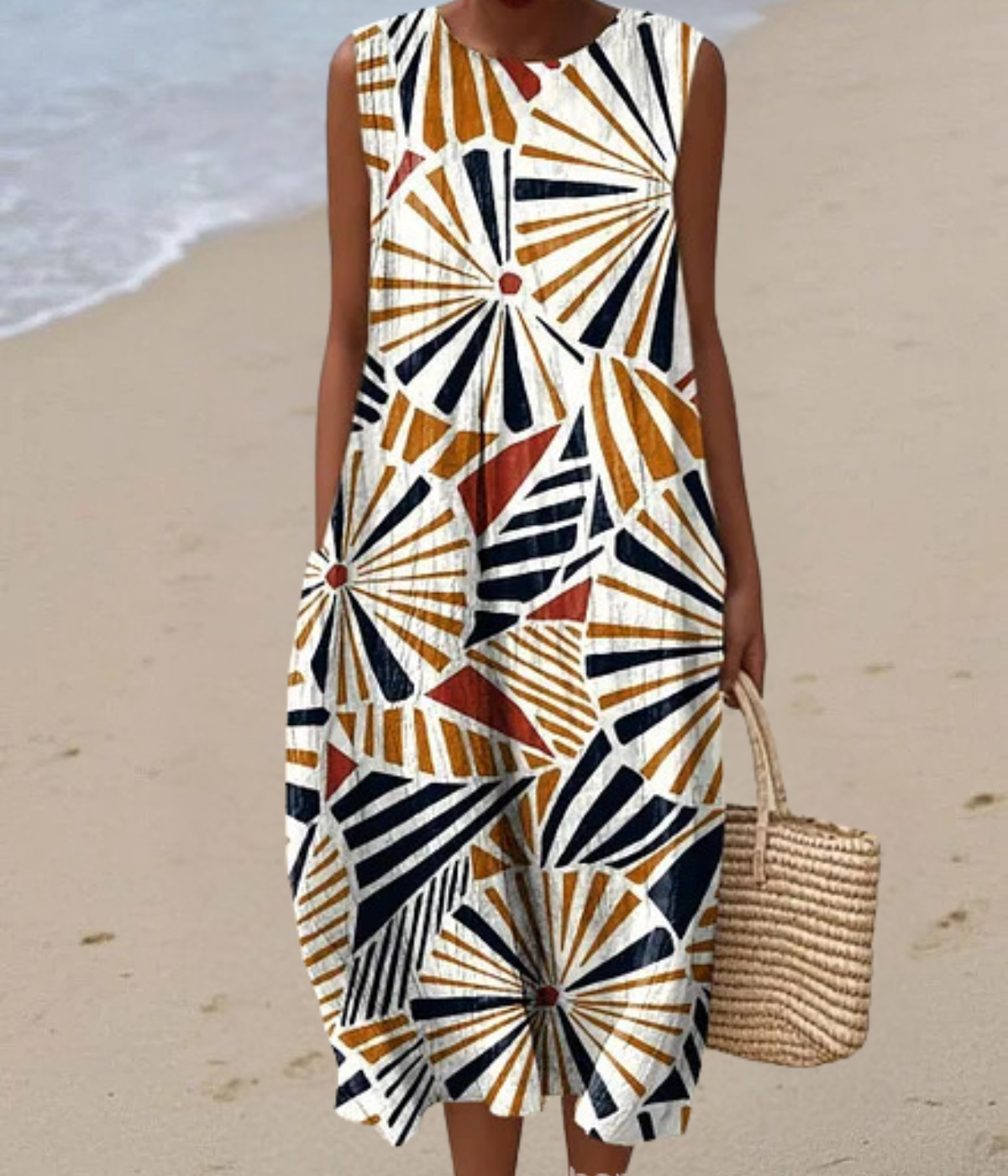 カラフル柄のノースリーブロングドレス