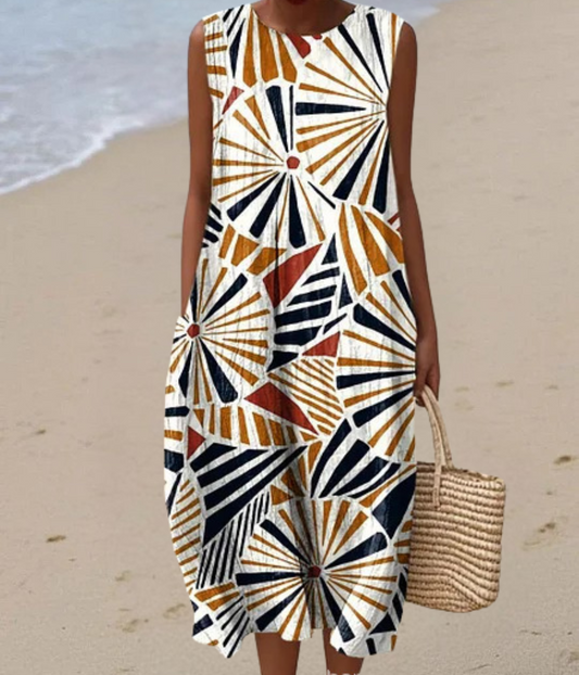 カラフル柄のノースリーブロングドレス