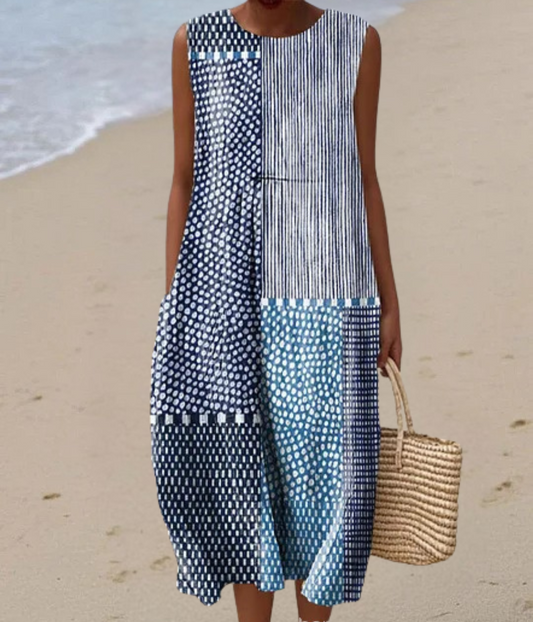 ミックスブルーのノースリーブロングドレス