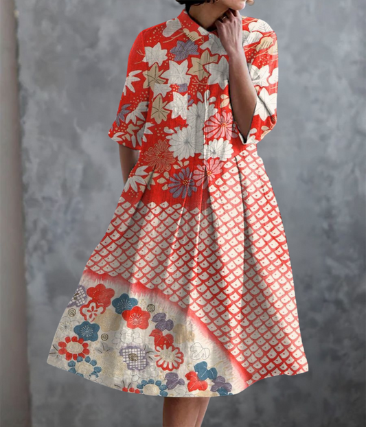 赤い柄のダブルポケットドレス