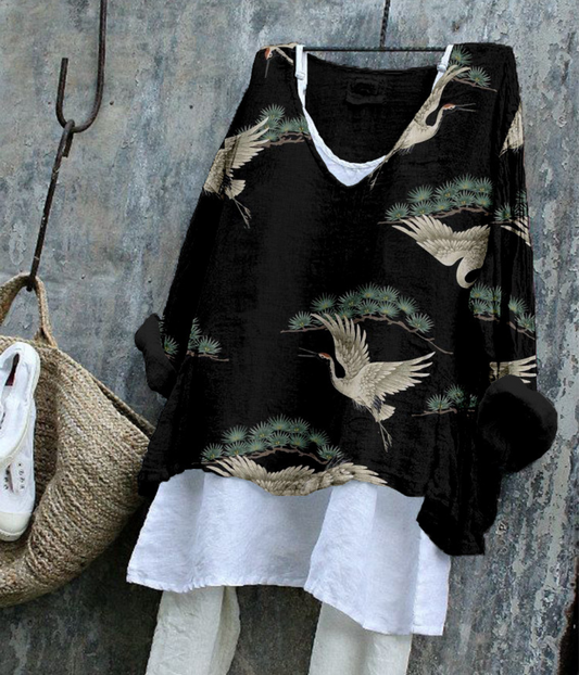 黒い鳥柄のシワ感サマープルオーバー