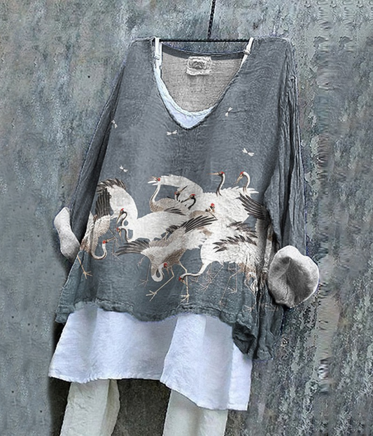 グレーの鳥柄シワ感サマープルオーバー