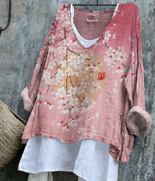 ピンクの花柄シワ感サマープルオーバー