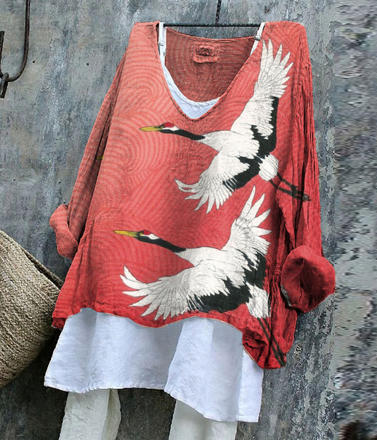 赤い鳥柄のシワ感サマープルオーバー