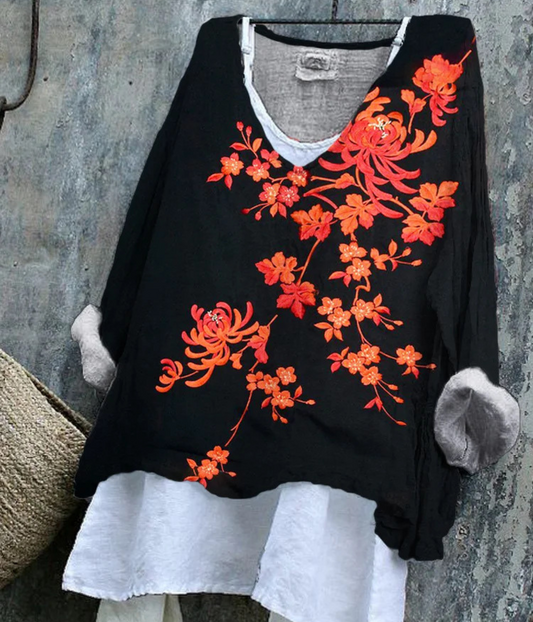 ブラックプリントのシワ感サマープルオーバー