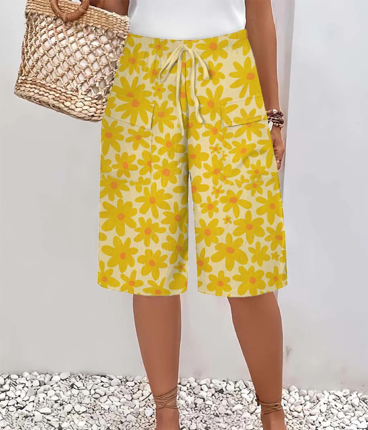 イエローフラワープリントサマーパンツ
