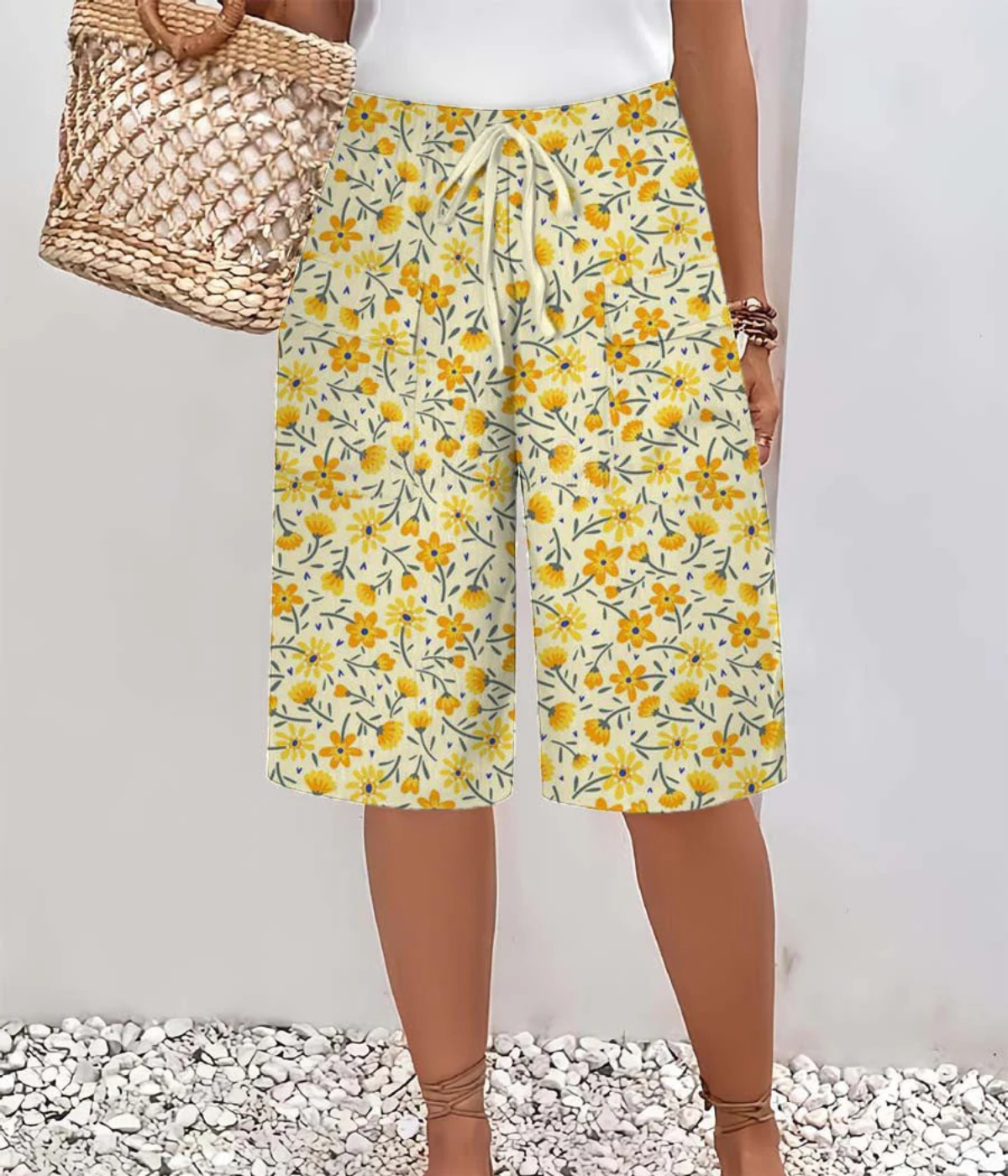 イエローフローラルサマーパンツ