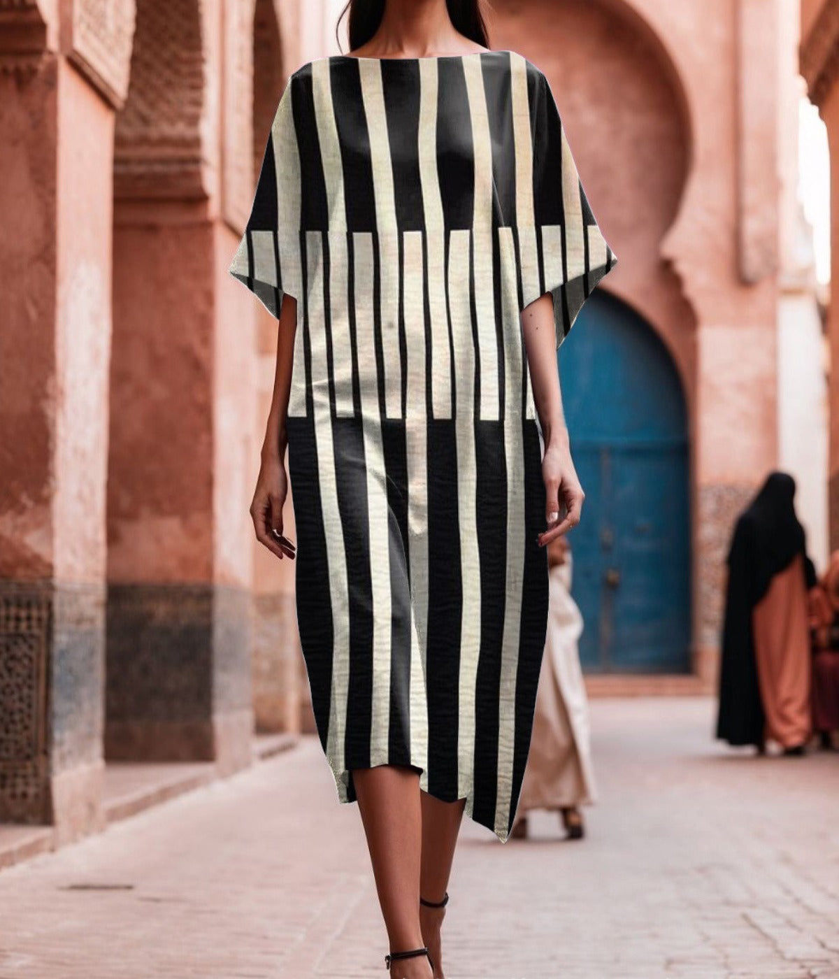 エレガントな半袖プリントドレス