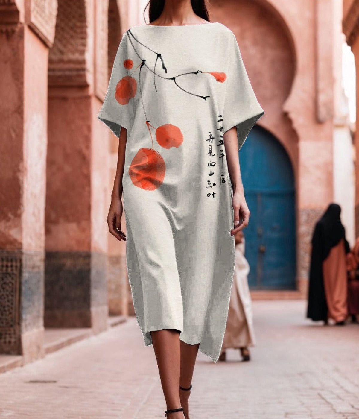 エレガントな半袖プリントドレス