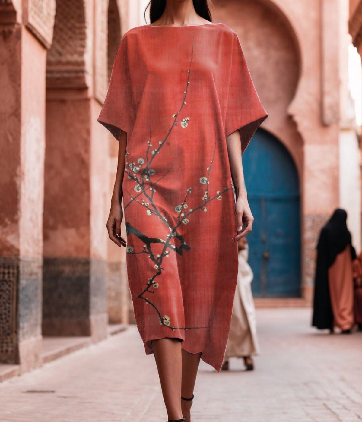 エレガントな半袖プリントドレス